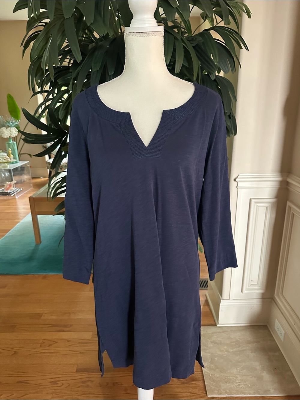 💙Boden Navy Blue Embroidered Swim Coverup Tunic Dress 3/4 Sleeves Size 12💙